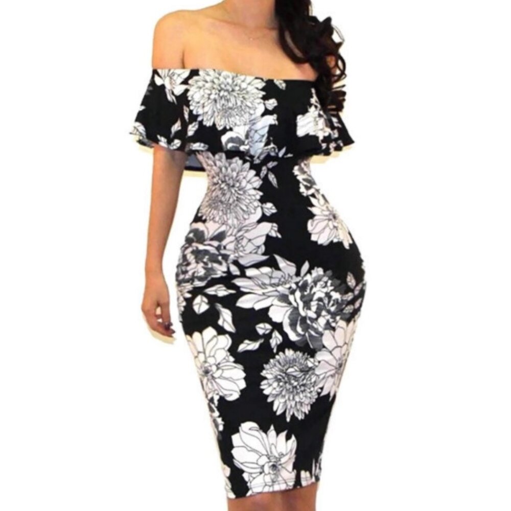 Got Style Black Cream White Floral Off Shoulder Midi Dress